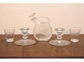 Glass Decanter And Candlesticks