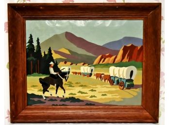 Vintage Western Covered Wagon Oil On Canvas 19 X 15