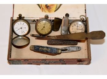 Box Of Vintage Watches Knives And Lighter