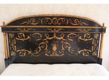 Stenciled Gold Leaf On Black Lacquer Vintage Chinoiserie King Headboard