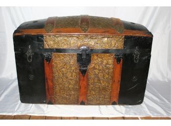 Antique Cedar Lined Chest With Metal Strapping And Detailed Etching
