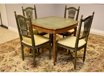 Vintage Leather Top Gaming Table With Four And Two Green Wicker Chairs