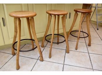 Trio Of Ax Handle Wood Bar Stool By Brad Smith Signed Bradford Woodworking