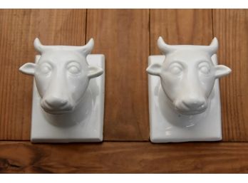 Ceramic White Glazed Cow Heads Wall Mountable