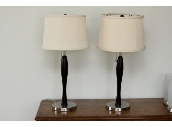 Pair Of Mid Century Modern Walnut With Chrome Base Table Lamps
