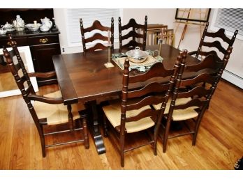Vintage Pine Table And Six Chairs Including Two Leaves And Centerpiece