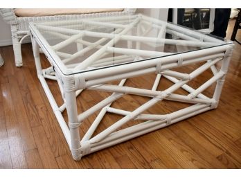 Gorgeous Vintage White Bamboo Coffee Table With Beveled Glass Top 36 X 36 X 16
