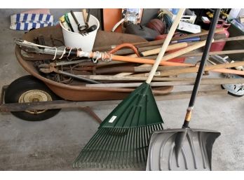 Large Assortment Of Outdoor Tools Including Wheel Barrow
