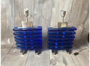 Two Vintage Blue Glass & Metal Table Lamps