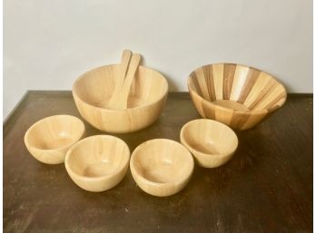 2 Wooden Salad Bowls - One With Smaller Bowls And Servers