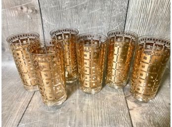 Set Of 6 Gold Retro Abstract Pattern Mid Century Glasses - Tumblers -