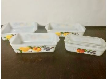 Set Of 4  Mid Century Anchor Hocking Fire King Ovenware Scarce GAY FAD Fruit Pattern