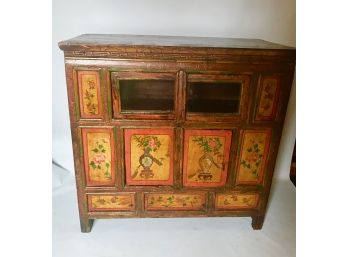 Vintage Asian Tibeten Wood Hand Painted Storage Cupboard