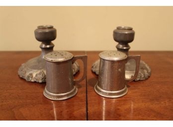 Pair Of Pewter Candle Stick Holders And Salt & Pepper Shakers