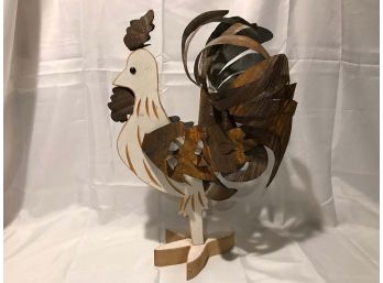 Wood Rooster W/ Metal Feathers