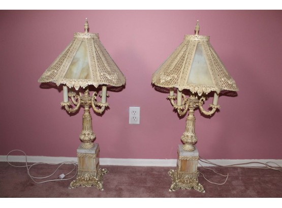 Pair Of Vintage Marble Lighted Base Lamps