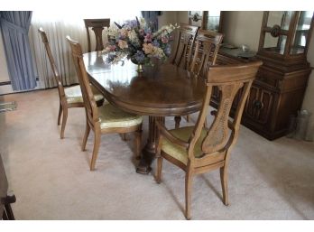 Mid Century Walnut Dining Table With Rattan Harp Back Chairs