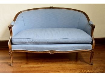 Antique Walnut Settee With Blue Cushion 51 Inches Wide