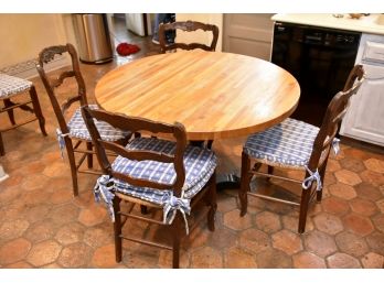 Vintage Butcher Block Oak Pedestal Table With Four Carved Chairs