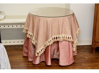 Glass Covered Round End Table With Silk Taffeta Cover 27 X 29