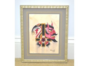 Framed Rev Snake Signed And Dated Drawing/Painting Snake With Devil
