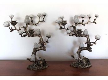 Tozai Metal Tree Candle Holders W/ Ceramic Birds & Flowers