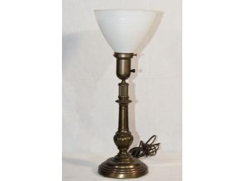 Vintage Brass Torch Table Lamp With Milk Glass Shade
