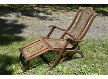 Vintage Folding Mahogany Chaise Lounge With Rush Seating