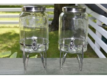Pair Of Glass Ice Tea Dispensers With Chrome Stands