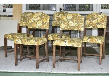 Five Vintage Sturdy Oak Side Chairs With Floral Design