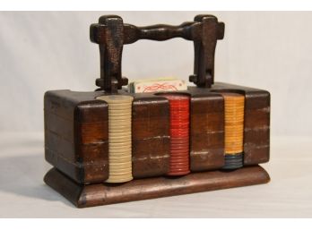 Vintage Wooden Poker Chip Holder With Bakelite And Plastic Chips