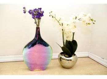 Pair Of Mirrored Vases With Faux Flowers