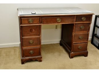 Vintage Leather Top Mahogany Desk With Glass Top Are 44 X 22 X 33 For Restoration