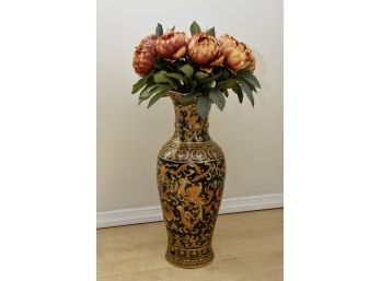 Large Asian Floor Vase With Faux Peonies