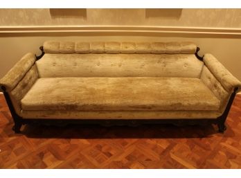 Art Deco Velvet Sofa With Carved Mahogany Legs And Accents