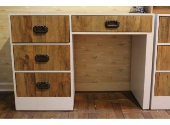 White Formica Desk With Wood Tone Drawers