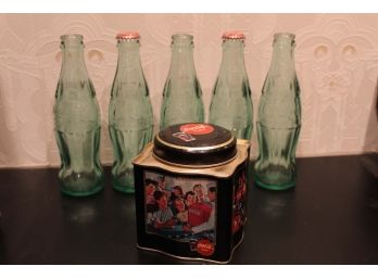 Vintage Coca Cola Bottles & Tin