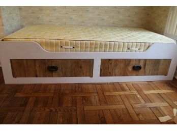 White Formica Captains Bed- Twin Size, With Pine Accent Drawers