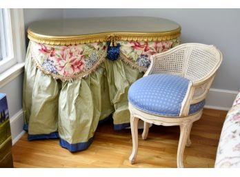 Custom Made Kidney Shaped Vanity Table With Swivel Cane Back Chair 41 1/2 X 19 X 29