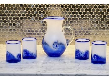 4 Amazing Anchor Bend Glassworks Signed Pitcher And 4 Glasses