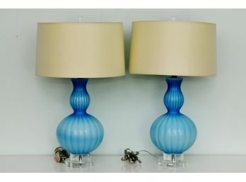 Outstanding Pair Of Blue MCM Table Lamps With Lucite Finial