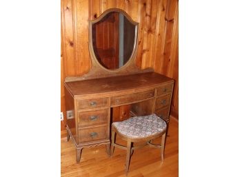 Antique Maple Vanity Table With Bench And Mirror