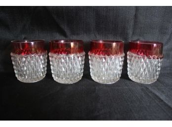 Set Of 4 Red Rim Cut Glass Cups