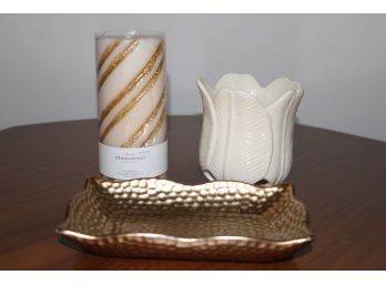 Gold Tone Candle, Holder And Under Plate