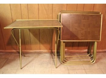 MCM Parquet Top Snack Tray Tables With Brass Legs