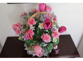 Lovely Arrangement Of Pink Faux Roses In Wicker Basket