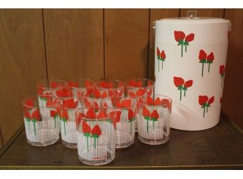 Vintage Summer Drink Set With Strawberry Decor And Ice Bucket