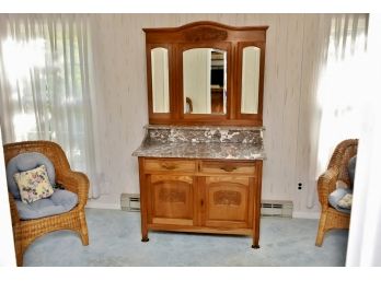 Antique Hand Carved Maple Table With Marble Top And Tilting Mirrors