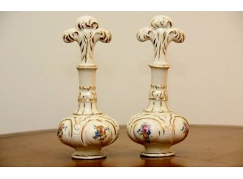 Pair Of Gorgeous Hand-painted Porcelain Perfume Bottles