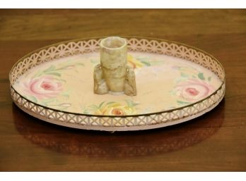 Vintage Oval And Brass Filigree Dresser Tray With Bird Footed Alabaster Toothpick Holder